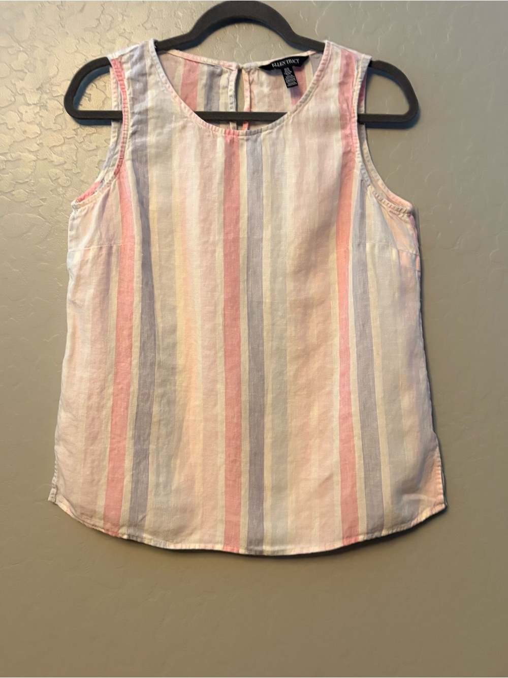 Ellen Tracy 100% linen white pink blue pastel stripe sleeveless top medium